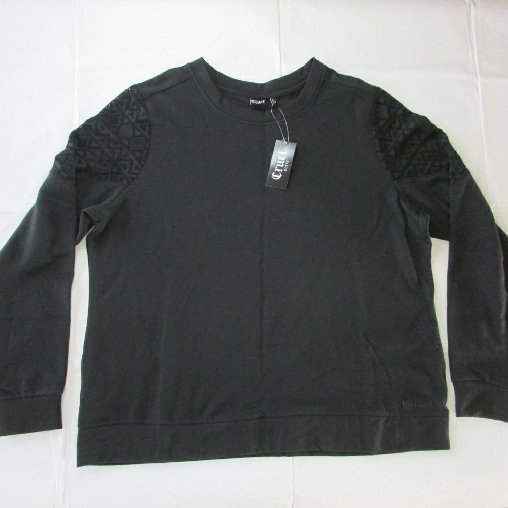 Cruel Denim Women's XXL Long Sleeve Lace Shoulder Terry Sweatshirt Black